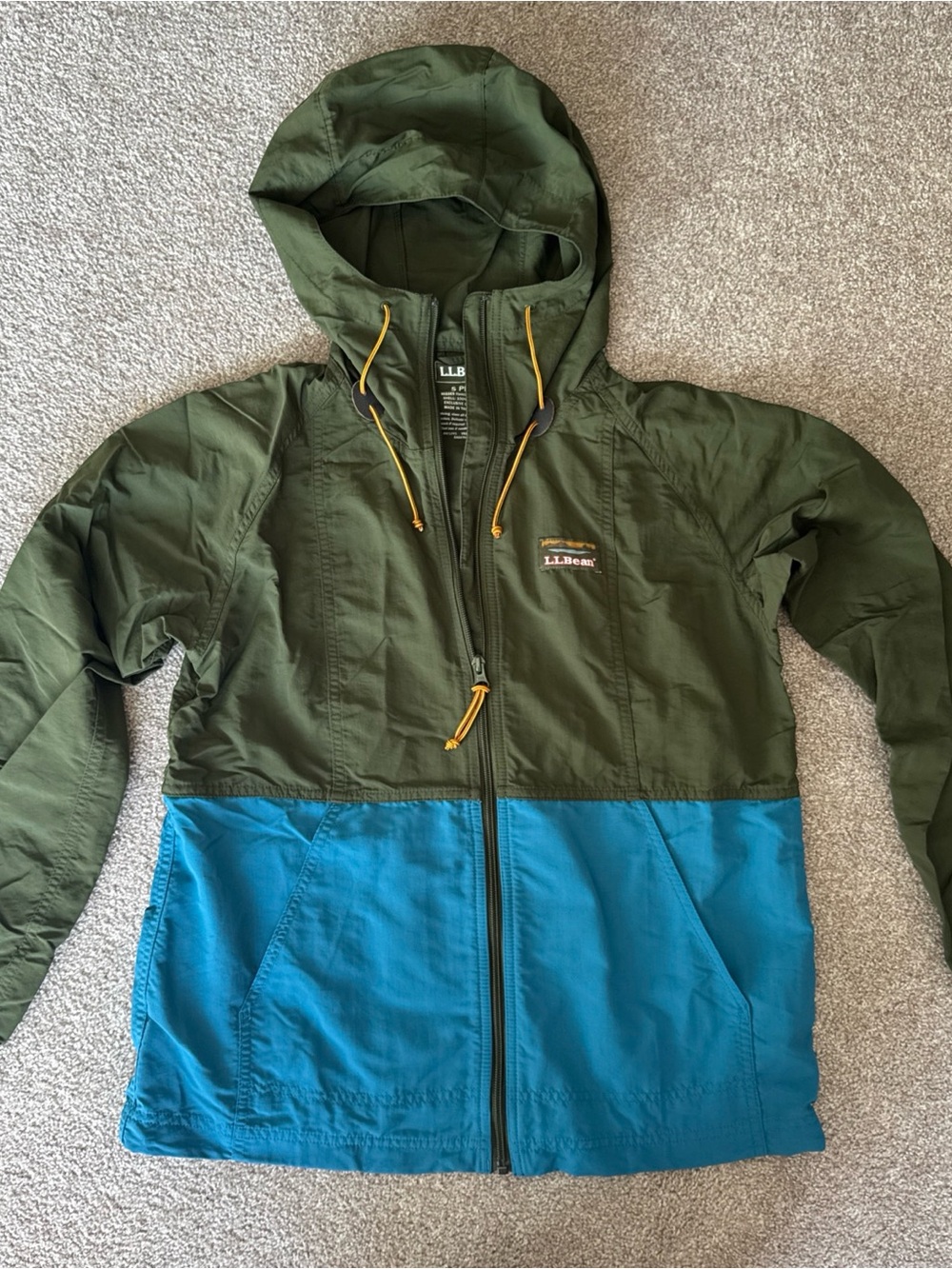 L.L. Bean Olive Green and Teal Hooded Windbreaker Jacket